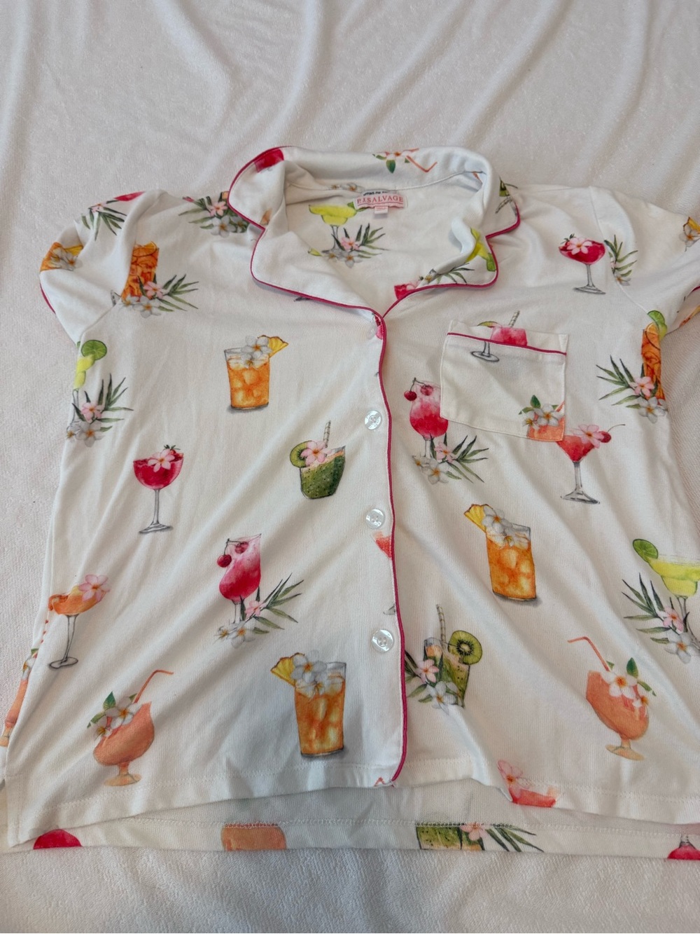 P.J. Salvage White Cocktail Print Short PJ Set with Pink Trim - Picture 3 of 5